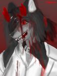  absurd_res anthro black_body black_fur black_hair blood blood_on_face blood_on_hand bodily_fluids cannid clothed clothing collar crybitur fingers fur gore grey_body grey_fur hair hand_on_face hand_on_head hi_res horn hybrid male open_mouth pain red_eyes red_horn simple_background smile solo suwyzid teeth white_body white_fur 