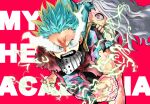  1boy 1girl background_text barefoot bodysuit boku_no_hero_academia child commentary_request copyright_name electricity eri_(boku_no_hero_academia) feet freckles green_bodysuit green_hair horns incoming_attack long_hair mask mask_removed midoriya_izuku oomura4000 open_mouth red_background single_horn spiked_hair teeth torn_clothes v-shaped_eyebrows veins veiny_hands white_hair 