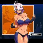  1girl absurdres ahoge angel_(kof) bangs bare_shoulders black_choker blue_eyes bra breasts chaps choker cleavage collarbone fingerless_gloves gloves hair_between_eyes hair_over_one_eye highres jizuz_kord large_breasts looking_at_viewer navel open_mouth snk solo strapless strapless_bra the_king_of_fighters toned underwear video_game 