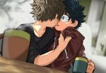  2boys bakugou_katsuki black_shirt blonde_hair blurry blurry_background blurry_foreground boku_no_hero_academia clothes_grab commentary_request cup depth_of_field freckles green_hair holding holding_cup hood hoodie imminent_kiss looking_at_another midoriya_izuku mug multiple_boys oomura4000 red_hoodie shirt shirt_grab spiked_hair steam t-shirt yaoi 