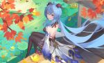 1girl absurdres ahoge autumn_leaves back backless_outfit bangs black_gloves black_legwear blue_hair bow breasts detached_sleeves from_behind ganyu_(genshin_impact) genshin_impact gloves gold_trim highres horns leaf lily_pad long_hair looking_at_viewer looking_back low_ponytail pond purple_eyes qianchenyu77 sidelocks sitting smile solo tassel thighlet waist_cape white_sleeves 