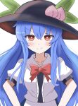  1girl bangs black_headwear blue_hair bow bowtie bright_pupils center_frills closed_mouth eyebrows_visible_through_hair food frills fruit highres hinanawi_tenshi leaf long_hair looking_at_viewer mokoo43451177 peach red_bow red_bowtie red_eyes shirt short_sleeves smile smug solo touhou upper_body v-shaped_eyebrows white_pupils white_shirt 
