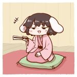  +++ 1girl :3 :d animal_ears black_hair chibi chopsticks futon holding holding_stick inaba_tewi japanese_clothes jitome kimono mochi open_mouth poronegi rabbit_ears rakugo short_hair sitting smile solo stick touhou 