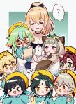  &gt;_&lt; 3girls 5boys :d ? aether_(genshin_impact) ahoge animal_ears bangs blonde_hair blunt_bangs blush braid braided_ponytail breasts brown_hair carrying child_carry cleavage closed_eyes collarbone commentary facial_mark finger_to_mouth forehead_mark genshin_impact gradient_hair green_eyes green_hair hakamii hat highres jean_(genshin_impact) kindergarten_uniform leaf leaf_on_head multicolored_hair multiple_boys multiple_girls open_mouth outside_border ponytail purple_eyes red_eyes red_hair school_hat shikanoin_heizou smile streaked_hair sucrose_(genshin_impact) sweatdrop trait_connection twitter_username venti_(genshin_impact) xiao_(genshin_impact) yellow_eyes yellow_headwear younger 