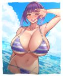  1girl absurdres beach bikini blood_hood breasts cleavage english_commentary highres huge_breasts in_water looking_at_viewer mole mole_under_mouth one_eye_closed original purple_hair red_eyes short_hair swimsuit twintails wet 