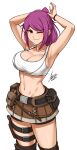  1girl ;) absurdres airisubaka armpits arms_up artist_name bare_arms bare_shoulders belt_pouch bike_shorts bike_shorts_under_skirt breasts brown_eyes collarbone commentary crop_top english_commentary eyebrows_visible_through_hair highres holster large_breasts leah_(airisubaka) looking_at_viewer midriff miniskirt navel one_eye_closed original ponytail pouch purple_hair signature simple_background skirt smile solo tank_top thigh_holster thigh_strap thighhighs thighs v-shaped_eyebrows white_background white_tank_top 