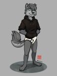  blue_eyes briefs canid canine canis clothing fur grey_body grey_fur hi_res hoodie hoodie/briefs_meme looking_at_viewer male mammal simple_background solo standing sweaciabic topwear underwear wolf zach_the_wolf 