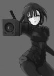  1girl arm_cannon black_hair blame! breasts closed_mouth cyborg graviton_beam_emitter greyscale highres looking_at_viewer malcolm_x_(artist) monochrome pale_skin sanakan short_hair simple_background solo weapon 