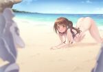  1girl all_fours ass back beach blurry blurry_foreground blush breasts brown_eyes brown_hair closed_mouth completely_nude depth_of_field fisheye hanging_breasts highres idolmaster idolmaster_cinderella_girls kazuma_(kazumav) large_breasts long_hair looking_at_viewer nipples nude ocean one_side_up sand shimamura_uzuki sky tareme top-down_bottom-up 