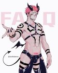  1boy abs arm_tattoo bdsm biceps bondage bound chest_harness chest_tattoo demon_tail demon_wings extra_eyes facial_tattoo fang fingernails half-closed_eyes harness highres horns jujutsu_kaisen latex leather leg_tattoo looking_at_viewer male_focus muscular muscular_male navel nipples pectorals pink_hair pointy_ears red_eyes ryoumen_sukuna_(jujutsu_kaisen) salmon_(657931354) sharp_fingernails smirk solo spiked_hair stomach_tattoo tail tattoo twitter_username undercut wings 