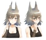  1girl animal_ears arknights ashlock_(arknights) bandaged_arm bandages bangs bare_shoulders black_shirt blush breasts brown_eyes brown_hair cleavage collarbone cropped_torso eyebrows_visible_through_hair ground_vehicle hair_between_eyes hand_on_own_cheek hand_on_own_face highres large_breasts looking_at_viewer looking_away looking_to_the_side military military_vehicle motor_vehicle multiple_views oripathy_lesion_(arknights) parted_lips radioneet shirt short_hair simple_background squirrel_ears sweatdrop tank upper_body white_background 
