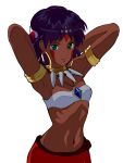  1girl armlet armpits arms_behind_head arms_up bangs bare_shoulders breasts closed_mouth commentary cosplay cowboy_shot dark-skinned_female dark_skin earrings facepaint facial_mark fushigi_no_umi_no_nadia green_eyes hair_ornament hairclip headband highres hoop_earrings jewelry looking_at_viewer midriff mononoke_hime nadia_la_arwall navel neck_ring necklace no_vest okken purple_hair red_skirt ribs san_(mononoke_hime) san_(mononoke_hime)_(cosplay) serious short_hair simple_background skirt small_breasts solo stretch tooth_necklace white_background white_bandeau 