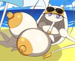  antennae_(anatomy) anthro areola beach beach_umbrella big_breasts blue_pupils breasts eyewear eyewear_on_head female huge_breasts looking_at_viewer lying nintendo nipples nude on_side pheromosa pok&eacute;mon pok&eacute;mon_(species) pupils purple_eyes runbasamba sand seaside solo sunglasses sunglasses_on_head ultra_beast video_games water white_body yellow_nipples 