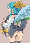  1girl ass blue_hair closed_mouth detached_sleeves dizzy_(guilty_gear) guilty_gear hair_ribbon hounori long_hair ribbon simple_background solo tail tail_ornament tail_ribbon twintails wings 