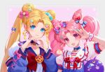  2girls :d accessories bangs bishoujo_senshi_sailor_moon blonde_hair blue_choker blue_eyes bow bracelet breasts chibi_usa choker cleavage closed_mouth collarbone commentary_request crescent cross-laced_clothes drill_locks earrings forehead gem hair_bow hair_ornament hair_ribbon hairclip hand_up heart heart_hands highres jewelry long_sleeves looking_at_viewer multiple_girls mushroommirror nail_polish open_mouth parted_bangs pink_eyes pink_hair pink_nails puffy_long_sleeves puffy_short_sleeves puffy_sleeves ribbon sailor_moon short_sleeves short_twintails smile tsukino_usagi twintails upper_body wrist_cuffs 