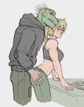  1boy 1girl absurdres arched_back ass_grab bandaged_fingers bandages black_sports_bra blush breasts caiman_(dorohedoro) colored_skin couple cropped_legs dorohedoro dumpling english_commentary food from_side grabbing grabbing_from_behind green_pants green_skin hetero highres hood hood_down hoodie interspecies large_breasts leaning_forward lizardman long_hair nikaidou_(dorohedoro) pants ponytail scales smirk spikes sports_bra table tropero 