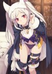  1girl albino animal_ears anus bangs bed black_coat black_panties black_shorts breasts buckle closed_mouth clothes_pull coat collar commission dressing eyebrows_visible_through_hair fake_animal_ears feet_out_of_frame fire_emblem fire_emblem_awakening fire_emblem_heroes fur-trimmed_shorts fur-trimmed_sleeves fur_hat fur_trim grima_(fire_emblem) halloween halloween_costume hat highres indoors leaning_forward long_sleeves looking_down medium_breasts navel official_alternate_costume open_clothes open_coat panties parted_bangs pulled_by_self purple_panties purple_shirt red_eyes robin_(fire_emblem) robin_(fire_emblem)_(female) saipaco shirt shorts shorts_pull skeb_commission solo standing thigh_strap twintails underwear undressing white_hair wolf_girl 