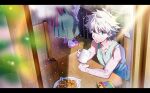  0shaya2 1other 2boys bare_shoulders blue_eyes breakfast chair character_request coffee commentary_request cup day dress eyebrows_visible_through_hair food gon_freecss green_dress highres hunter_x_hunter killua_zoldyck looking_at_viewer looking_up messy_hair mug multiple_boys muscular muscular_shota pink_footwear plate rain shirt siblings sitting solo_focus spiked_hair table teeth water_drop white_hair wooden_floor 