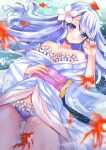  1girl air_bubble animal bangs bare_shoulders blue_eyes blue_hair blush bra breasts bubble cleavage eyebrows_visible_through_hair fish floating_hair flower goldfish hair_flower hair_ornament hand_on_own_stomach highres hinao japanese_clothes kimono long_hair looking_at_viewer obi off_shoulder original panties pantyshot parted_bangs plumeria sash smile solo strapless strapless_bra submerged underwater underwear yukata 