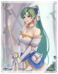  1girl absurdres bare_shoulders breasts candle cleavage cm_lynarc dress earrings fire_emblem fire_emblem_heroes green_eyes green_hair highres jewelry long_hair looking_at_viewer lyn_(fire_emblem) necklace petals ponytail rose_petals smile very_long_hair wedding_dress 