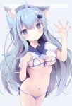  1girl ahoge animal_ear_fluff animal_ears bangs bikini blue_hair blush breasts cat_ears cat_girl cat_hair_ornament cat_tail closed_mouth cowboy_shot eyebrows_visible_through_hair hair_between_eyes hair_ornament hands_up highres kyuukon_(qkonsan) long_hair looking_at_viewer medium_breasts multicolored_eyes navel original sailor_collar shiny shiny_hair side-tie_bikini smile solo string_bikini swimsuit tail tail_raised very_long_hair waving white_bikini 