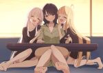  3girls ahoge backlighting barefoot black_hair blonde_hair blush cho_kaguya-hime! closed_eyes collarbone collarbone_piercing commentary_request couch fang feet girl_sandwich green_eyes grey_hair hand_on_another's_shoulder heart heart_ahoge highres instrument kaguya_(cho_kaguya-hime!) keyboard_(instrument) long_hair mole mole_under_eye multicolored_hair multiple_girls nail_polish open_mouth pillow pink_hair pointing purple_nails runami_yachiyo sakayori_iroha sandwiched short_sleeves sitting smile soles soraneko_maru toenail_polish toenails toes two-tone_hair upper_body window yuri 