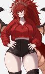  1girl alternate_costume black_nails black_shorts breasts commentary cowboy_shot cropped_hoodie dragon_girl dragon_horns dragon_tail dragon_wings fangs hands_on_own_hips highres hood hoodie horns large_breasts long_hair looking_at_viewer meibin midriff nail_polish open_mouth ponytail red_hair red_hoodie shorts smile socks_agency solo tail virtual_youtuber wings yellow_eyes zentreya zentreya_(dragon) 