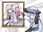  3girls black_gloves blonde_hair bow capelet collar commentary_request cross-laced_clothes cross-laced_dress dress fang flower flower-trimmed_dress flower-trimmed_skirt frilled_capelet frilled_collar frilled_hairband frilled_skirt frilled_sleeves frills gloves gradient_hair grey_eyes hair_bow hair_ornament hairband hat hat_flower highres hikami_meruru holding holding_hands holding_microphone holding_microphone_stand instrument karaoke_manekineko keyboard_(instrument) long_hair long_sleeves looking_at_viewer mahou_shoujo_no_majo_saiban microphone microphone_stand multicolored_hair multiple_girls official_alternate_costume one_eye_closed open_mouth picture_frame pink_bow pink_eyes pink_hair puffy_sleeves sakuraba_ema short_hair simple_background skirt spoilers tsukishiro_yuki urada_silue v white_background white_capelet white_dress white_flower white_hair white_hairband white_hat x_hair_ornament yuri 