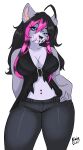 2026 absurd_res ahoge alternative_fashion angelbite_piercing anthro black_bottomwear black_clothing black_hair black_jeans black_nose black_pants black_top blue_eyes bottomwear breasts bridge_piercing cheek_piercing clothing denim denim_bottomwear denim_clothing digital_drawing_(artwork) digital_media_(artwork) english_description facial_piercing felid feline female fur grey_body grey_fur hair hi_res highlights_(coloring) humanoid_hands jeans lip_piercing long_hair looking_at_viewer mammal multiple_piercings navel navel_piercing nose_piercing nose_ring pants piercing pink_highlights pink_inner_ear pixie_(artist) pixie_(p1xie_cutie) ring_piercing scene_(fashion) simple_background snakebite_piercing solo standing white_background