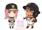  2girls artist_name baseball_(sport) baseball_bat baseball_cap baseball_helmet baseball_mitt black_hair black_hat black_helmet black_hole-shaped_pupils black_shoes black_socks blue_eyes blush breasts closed_mouth commentary_request dark-skinned_female dark_skin dated gloves hair_ornament hand_on_own_hip hanshin_tigers hat helmet holding holding_baseball_bat impossible_clothes impossible_shirt jersey large_breasts legs long_hair long_sleeves multiple_girls one_eye_closed open_mouth pink_eyes pink_hair sanemichi_hajime shirt shoes short_hair simple_background socks teeth thighs tongue translation_request twitter_username upper_teeth_only usami_(sanemichi_hajime) white_background yomiuri_giants 