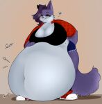 5_fingers anthro belly belly_inflation belly_overhang big_belly big_breasts black_nose bottomwear breasts claws cleavage clothed clothing domestic_cat eyebrows fake_anna felid feline felis female fingers footwear fur hair hi_res huge_belly hyper hyper_belly inflation jacket mammal multicolored_body multicolored_fur navel overweight overweight_anthro overweight_female purple_body purple_claws purple_eyebrows purple_eyes purple_fur purple_hair rumbling_stomach shaded shirt shoes shorts simple_background solo standing tail tan_background topwear whiskers