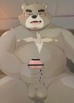  2022 absurd_res anthro balls belly big_belly black_nose censored erection eyewear genitals glasses hi_res humanoid_genitalia humanoid_hands humanoid_penis kemono male mammal moobs nipples overweight overweight_male penis solo ursid zuboboz 
