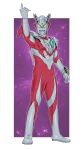  1boy abs absurdres alien arm_up armor border chest_guard color_timer colored_skin commentary curled_fingers english_commentary eye_slugger forehead_jewel full_body galaxy_background gem giant giant_male glowing glowing_eyes green_gem highres index_finger_raised legs_apart looking_at_viewer male_focus multicolored_skin muscular muscular_male no_pupils outline pectorals pointing pointing_up purple_background red_skin shoulder_armor silver_skin solo spoilers standing tokusatsu twitter_username two-tone_skin ultra_bracelet ultra_galaxy_(series) ultra_series ultraman_zero ultraman_zero_(cosmo_rise) waitochan white_border white_outline wrist_blades yellow_eyes 