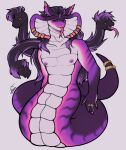 anthro apode cobra colored_nails draconcopode hair hi_res lean_body lean_muscle legless living_hair long_hair long_tail long_tongue male manotrak morango_mofadoo multicolored_body naga nails open_mouth piercing pink_body pink_nails purple_body purple_eyes reptile ring scalie serpentine snake solo tail tongue yellow_eyes