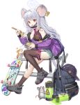 1girl animal animal_ears asymmetrical_legwear atom backpack bag bare_shoulders baseball_cap biohazard_symbol black_hat black_mask black_nails black_shirt black_socks black_thighhighs blue_archive blue_halo blue_shorts bowl breasts canister character_name chopsticks crop_top cross-laced_shoes cutoffs ear_tag ear_tattoo eating exposed_pocket flower_knot food from_side full_body game_asset garter_straps green_liquid grey_hair grey_shoes hair_intakes halo hand_up happy hat heart highres holding holding_bowl holding_chopsticks jacket jewelry knee_up large_variant_set long_hair long_sleeves looking_at_viewer mask mask_pull mouse_(animal) mouse_ears mouse_girl mouse_tail mouth_mask multiple_rings nezusuke_(blue_archive) noodles notched_ear nuclear_waste off_shoulder official_art open_clothes open_jacket open_mouth pouch purple_jacket ramen red_eyes ring saya_(blue_archive) saya_(casual)_(blue_archive) shirt shoes short_shorts shorts sidelocks simple_background single_sock single_thighhigh sitting skateboard sleeveless sleeveless_shirt small_breasts smile sneakers socks solo spilling tachi-e tail tassel thighhighs third-party_source transparent_background uneven_legwear unworn_hat unworn_headwear variant_set whoisshe zipper zipper_pull_tab 
