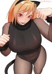  1girl animal_ear_fluff animal_ears arcueid_brunestud arcueid_brunestud_(monster_cat) black_leotard blonde_hair blush bodystocking breasts cat_ears cat_girl cat_tail fake_animal_ears fake_tail fang fingernails fishnet_bodystocking fishnets foreshortening from_above hair_intakes hands_up highres kagetsu_tooya large_breasts leotard looking_at_viewer official_alternate_costume paw_pose puffy_collar puffy_sleeve_cuffs red_eyes ryoshusex sharp_fingernails short_hair skin_fang smile solo tail thick_thighs thighs tsukihime 