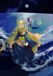  3girls absurdres american_flag_dress black_dress black_hat black_shirt blonde_hair clownpiece commentary_request dress earth_(planet) fairy_wings full_body full_moon gloves green_skirt hat hecatia_lapislazuli high_heels highres jester_cap junko_(touhou) long_hair moon multiple_girls neck_ribbon neck_ruff night ocean outdoors outstretched_arms pantyhose pink_hair pink_hat planet polka_dot polka_dot_headwear red_eyes red_hair red_skirt red_tabard ribbon shirt skirt sky spread_arms star_(sky) star_(symbol) star_print starry_sky striped_clothes striped_dress striped_pantyhose tabard touhou traditional_media uninosono very_long_hair water white_gloves wings yellow_ribbon 
