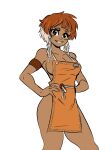  1girl apron armband black_eyes borrowed_character breasts brown_hair cleavage coconut_milk_(bakuatsukiyu) commentary dark-skinned_female dark_skin english_commentary feet_out_of_frame hands_on_own_hips highres large_breasts naked_apron orange_apron original short_eyebrows short_hair_with_long_locks sideboob smile solo spicymancer thick_eyebrows white_hair 