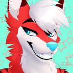 absurd_res anthro blue_eyes blue_nose canid canine fox fur girly hair headshot_portrait hi_res male mammal portrait red_body red_fur sfw smile smiling_at_viewer solo syronicaart_artist valks_(character) white_body white_fur white_hair 