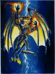 absurd_res anthro armor belt blizzard_entertainment bottomwear casting_spell claws clothing dagger dracthyr dragon electricity european_mythology fire flying furgonomic_piercing furgonomics heather_bruton hi_res horn kyanathal lightning loincloth magic male melee_weapon mythological_creature mythological_scalie mythology painting_(artwork) piercing ring ring_piercing roaring scalie solo spikes storm warcraft weapon western_dragon wing_piercing wing_ring_piercing wings