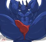  abs anthro black_horn blue_body blue_dragon_(character) blue_nipples bulge clothed clothing dragon hi_res horn male masterelrest muscular muscular_anthro muscular_male nipples pecs red_clothing red_eyes red_speedo red_swimwear solo speedo spread_legs spreading swimwear topless wings 