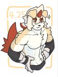  1boy abs animal_ears arknights bara closed_eyes closed_mouth colored_tips commentary dated dog_ears dog_tail facing_viewer furry furry_male hands_on_own_hips highres horns hung_(arknights) komainu_boy male_focus multicolored_hair muscular muscular_male pectorals single_horn smile sparkle tail topless_male untranslatable_commentary white_background yishier_0012 