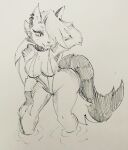 2025 absurd_res anthro big_breasts breasts canid canid_demon canine clothing collar demon ear_piercing female fingerless_gloves fur gloves hand_behind_head handwear hellaverse hellhound helluva_boss hi_res loona_(helluva_boss) mammal monochrome mythological_canine mythological_creature mythology notched_ear one-piece_swimsuit one_eye_obstructed piercing pikapika212 sketch sling_bikini solo spiked_collar spikes swimwear tongue tongue_out traditional_media_(artwork) water