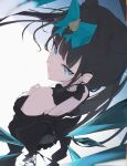  1girl absurdres animal_ears arcaea bare_back bare_shoulders black_dress black_hair blue_bow blue_eyes bow closed_mouth commentary culumi_0416 detached_collar double_bun dress fake_animal_ears from_above hair_bow hair_bun highres long_hair looking_at_viewer off-shoulder_dress off_shoulder simple_background solo tairitsu_(arcaea) tairitsu_(tempest)_(arcaea) watermark white_background 