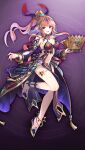  1girl arabian_clothes book breasts cleavage detached_sleeves game_asset grimms_notes hair_ornament harem_outfit high_ponytail holding holding_book jewelry large_breasts leg_up long_sidelocks midriff navel nemusuke non-web_source official_art open_mouth pink_hair ponytail purple_background purple_eyes shadow_morgiana_(grimms_notes) sidelocks smile solo veil 