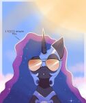 1_horn absurd_res ambiguous_feral ambiguous_gender black_body black_horn blue_hair cloud dialogue digital_drawing_(artwork) digital_media_(artwork) english_text equid equine eyewear feral friendship_is_magic front_view hair hasbro hi_res highlights_(coloring) horn mammal my_little_pony mythological_creature mythological_equine mythology nightmare_moon_(mlp) nnalyart orange_eyewear orange_sunglasses paintstorm_(artwork) purple_highlights quadruped shaded sky solo sparkles sparkling_hair spiral_horn sun sunglasses teeth text unicorn