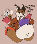 2020 anthro belly belly_overhang big_belly big_breasts blush blush_lines boot_(artist) breasts brown_body brown_clothing brown_fur brown_jacket brown_topwear canid canine canis clothing domestic_dog duo ear_piercing ear_ring fangs fay_(star_fox) felid feline female fur hi_res huge_belly huge_hips jacket love_handles lynx male male/female mammal miyu_(star_fox) nintendo obese obese_female overweight overweight_female piercing pointy_ears red_clothing ring_piercing shirt star_fox teeth topwear wardrobe_malfunction white_body white_fur wide_hips