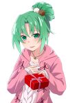  1girl blush box commentary fuyuzora gift gift_box green_eyes green_hair hair_bun hand_on_own_chest highres higurashi_no_naku_koro_ni holding holding_gift hood hooded_jacket incoming_gift jacket jewelry long_sleeves looking_at_viewer necklace pink_jacket simple_background single_hair_bun smile solo sonozaki_mion sweater valentine white_background white_sweater 