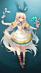  1girl alice_(grimms_notes) alice_(shinsei)_(grimms_notes) aqua_background aqua_eyes asymmetrical_legwear blonde_hair brown_ribbon brown_shoes dress full_body game_asset grimms_notes holding holding_wand hosato_mikine long_hair long_sidelocks long_sleeves looking_at_viewer mismatched_legwear non-web_source official_art open_hand outstretched_arms ribbon shirt shoes sidelocks smile socks solo sparkle striped_clothes striped_socks very_long_hair wand white_shirt wonder_rod_(grimms_notes) yellow_dress 