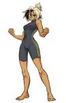  1girl bandaid bandaid_on_face bandaid_on_nose barefoot beck_shiloh black_eyes black_hair black_unitard blonde_hair breasts clenched_hands commentary cross_scar dark-skinned_female dark_skin english_commentary high_ponytail highres medium_breasts multicolored_hair multiple_scars ponytail rumble_after_dark scar scar_on_arm scar_on_foot scar_on_knee scar_on_leg scar_on_shoulder solo spicymancer streaked_hair two-tone_hair 